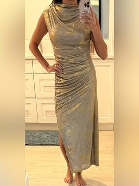 Anthropologie Metallic Gold Ruched Maxi Dress
